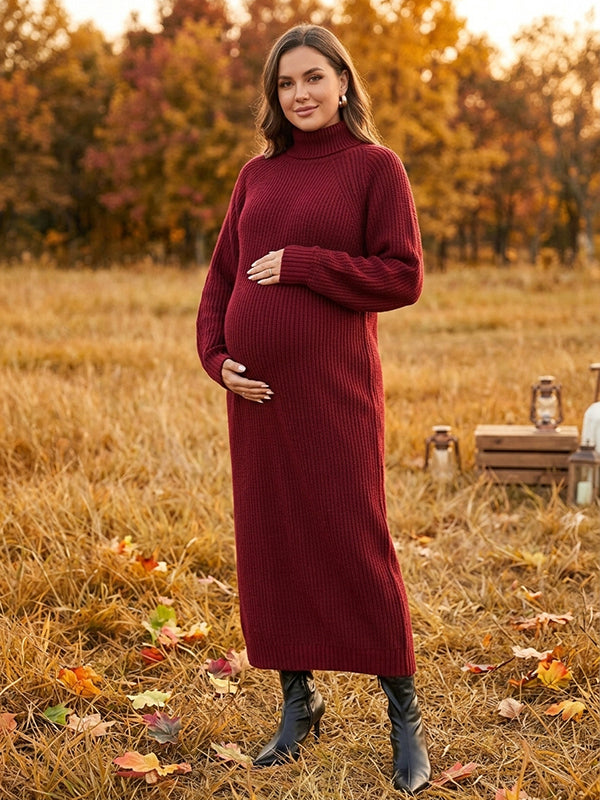 Wine Red Vintage Crochet High Neck Maternity Sweater Maxi Dress with Crochet Detailing & High Neck and Loose Fit Straight-Leg Maxi, Daily Wear & Casual Outings