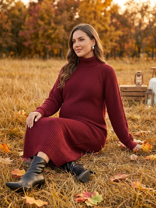 Wine Red Vintage Crochet High Neck Maternity Sweater Maxi Dress with Crochet Detailing & High Neck Loose Fit Straight-Leg Maxi