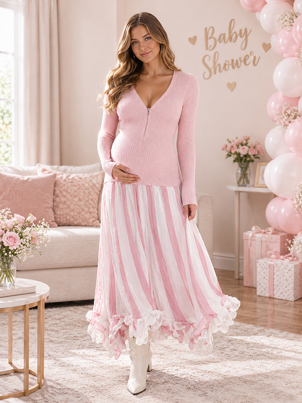 Zipper Patchwork Striped Falbala Baby Shower Maternity Maxi Dress