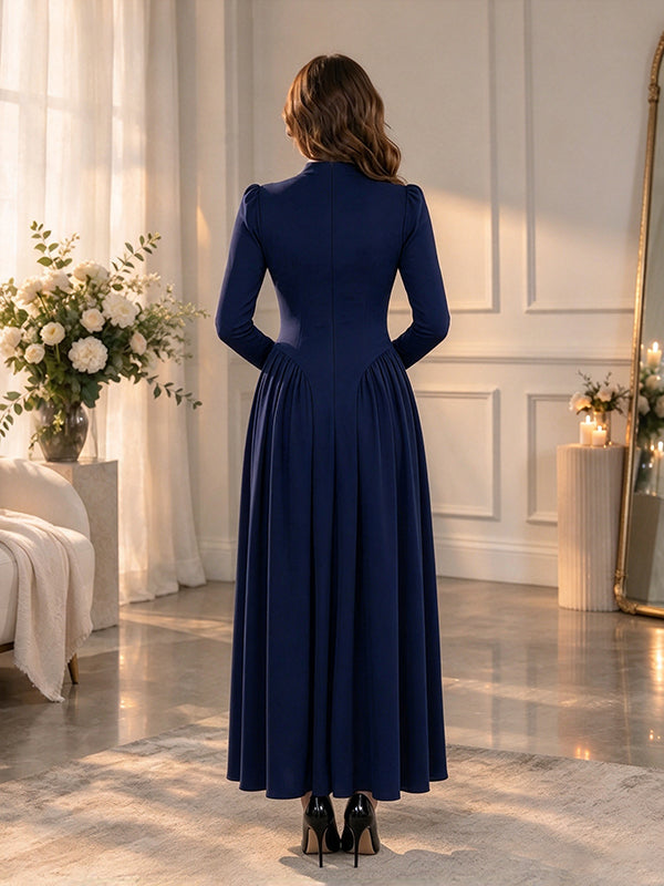 Dark Blue Pearl Big Swing A-Line Maternity Maxi Dress with Pearl Accents & Big Swing Hem