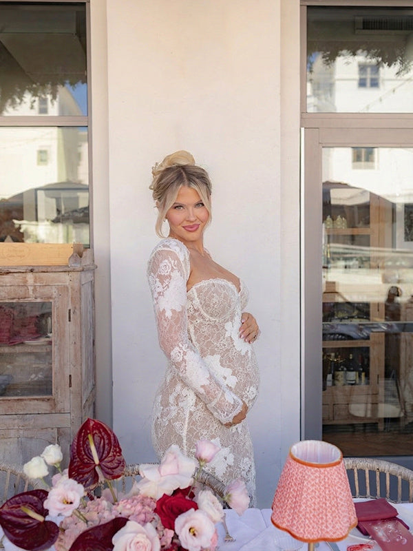 White Bodycon Maternity Maxi Dress with Lace Details and Back Slit
