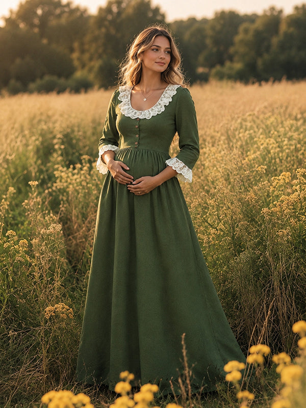 Green Lace Single Breasted A-Line Photoshoot Maternity Maxi Dress