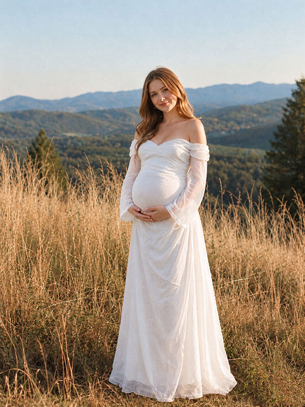 White Off Shoulder Tulle Photoshoot Maternity Maxi Dress