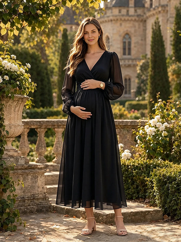 Black Mesh Maternity Maxi Dress with Lantern Sleeves and Flowy A-Line Fit, Banquet Occasion
