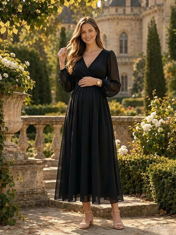 Black Mesh Maternity Maxi Dress with Lantern Sleeves and Loose A-Line Silhouette
