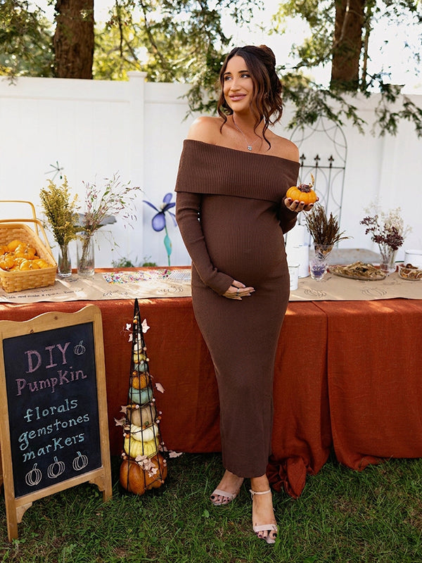 Off Shoulder Back Slit Bodycon Maternity Maxi Dress