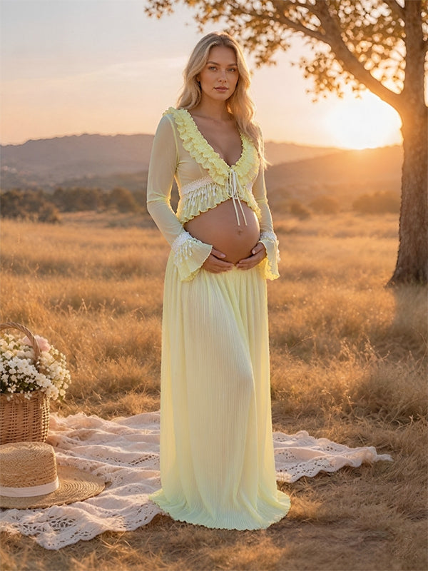 Yellow 2-in-1 Pleated Ruffle Tassel Photoshoot Maternity Maxi Dress