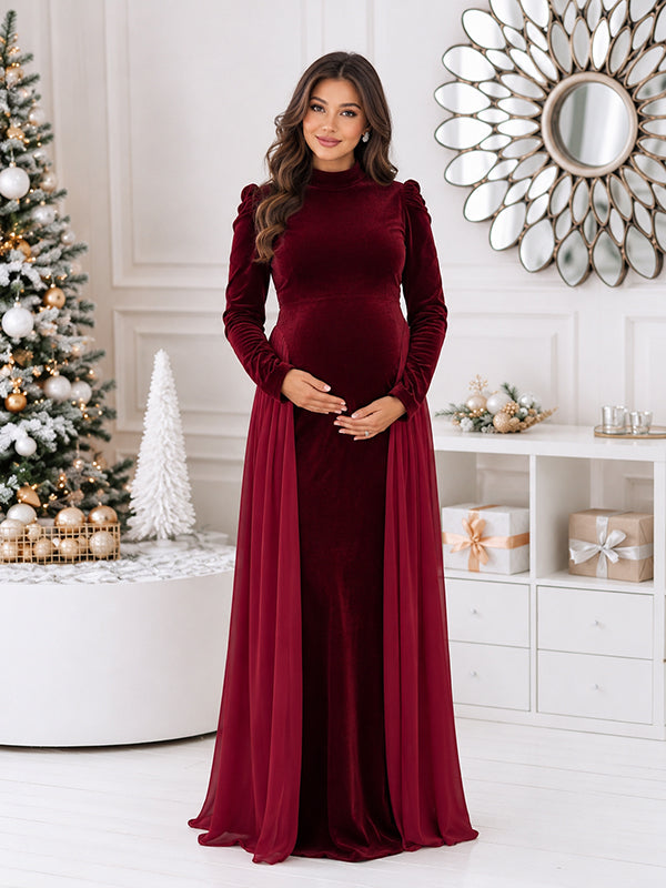 Elegant Velvet Patchwork Chiffon A-Line Christmas Maternity Maxi Dress