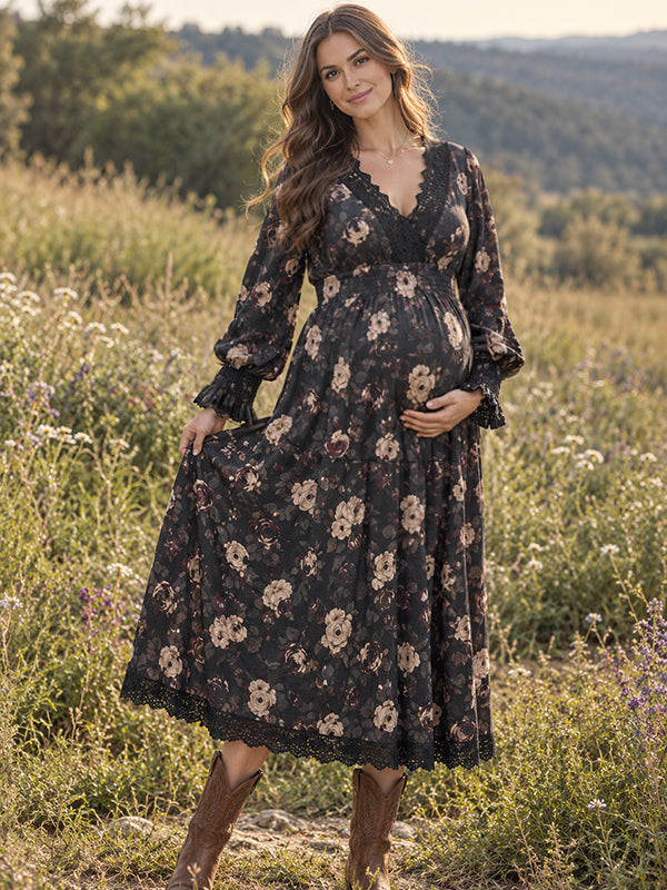 Black Elegant Lace Ruched Photoshoot Maternity Maxi Dress
