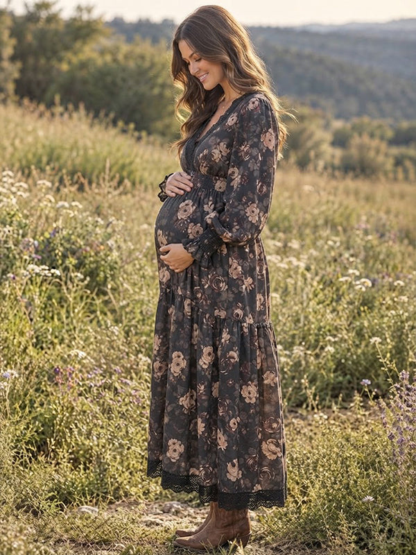 Black Lace Ruched Maternity Maxi Dress with Elegant Details
