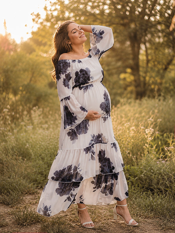 Apricot Elegant Floral Photoshoot Maternity Maxi Dress
