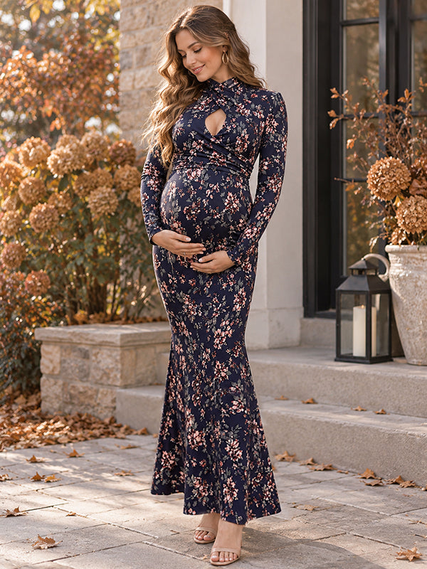 Elegant Floral Cut Out Photoshoot Maternity Maxi Dress