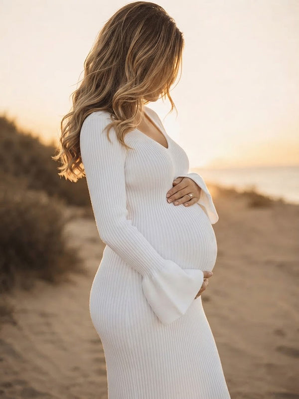 Elegant Crochet Flare Sleeve Photoshoot Maternity Maxi Dress