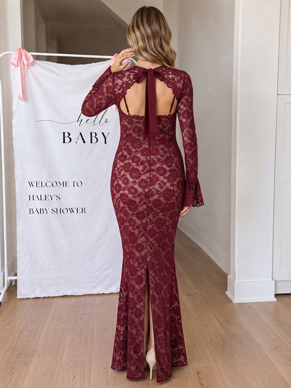 Wine Red Lace 2-in-1 Maternity Maxi Dress with Chic Slit Bodycon Fit