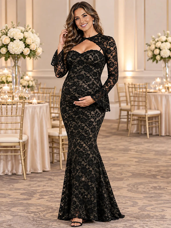 Black Lace 2-in-1 Maternity Maxi Dress with Chic Slit and Bodycon Fit, Baby Shower Occasion