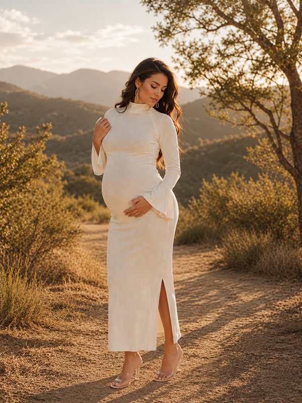 Apricot Corduroy Maternity Maxi Dress with Elegant Slit and Bodycon Fit, Photoshoot Occasion