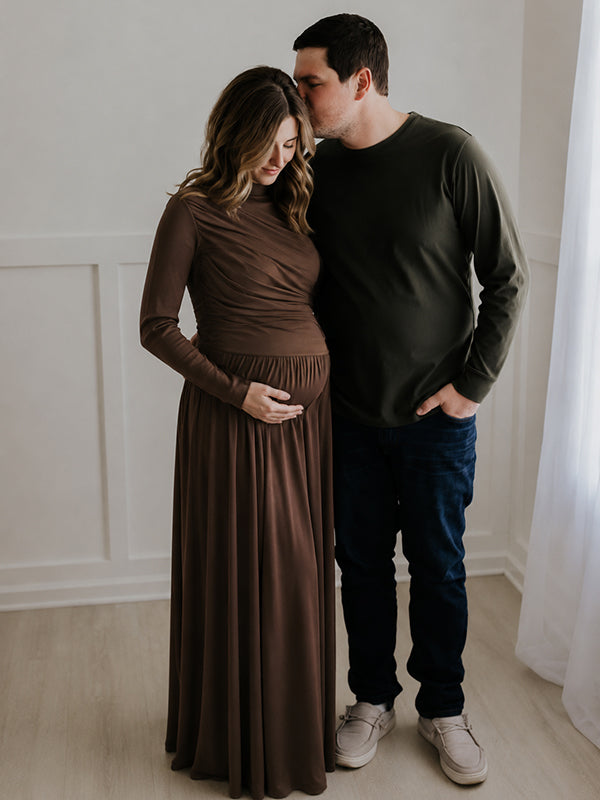 Brown Ruched Maternity Maxi Dress with Elegant Design and Bodycon Fit, Photoshoot Occasion