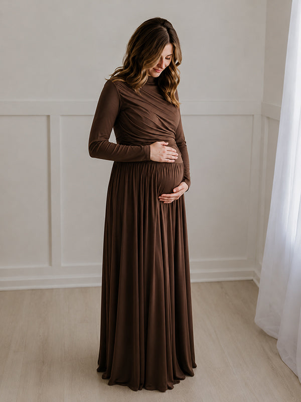 Brown Ruched Maternity Maxi Dress with Elegant Ruched Details Bodycon Fit