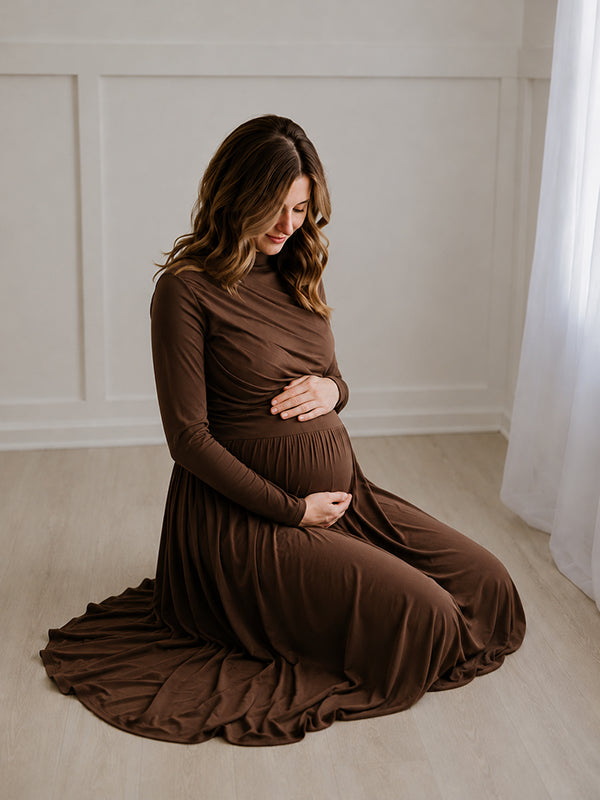 Brown Maternity Maxi Dress with Elegant Ruched Details