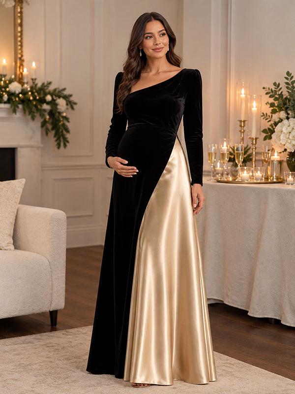 Velvet Patchwork Satin Maternity Maxi Dress with Color Blocking and Loose A-Line Fit, Banquet Occasion
