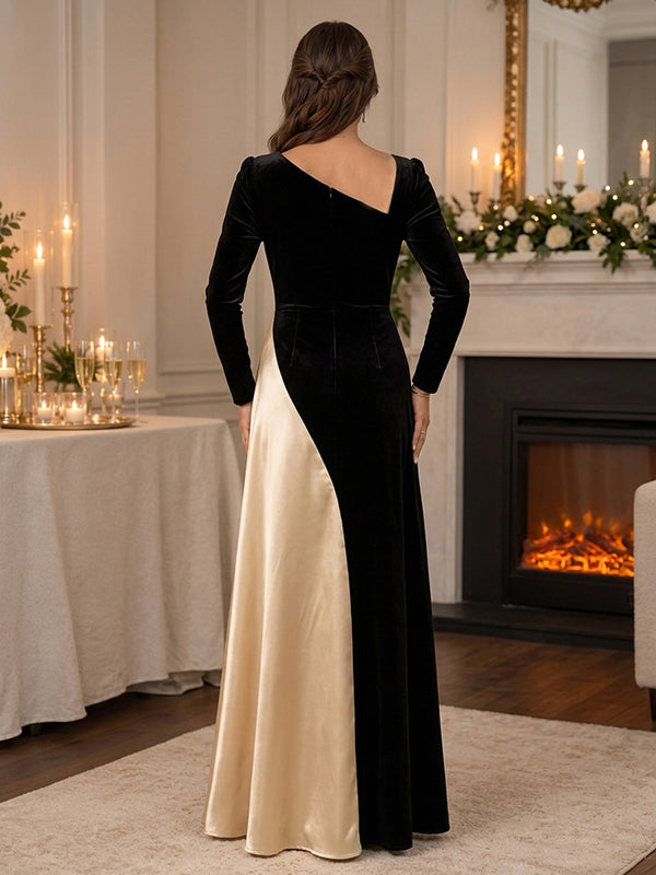 Velvet Satin Maternity Maxi Dress with Patchwork Design and Relaxed A-Line Fit
