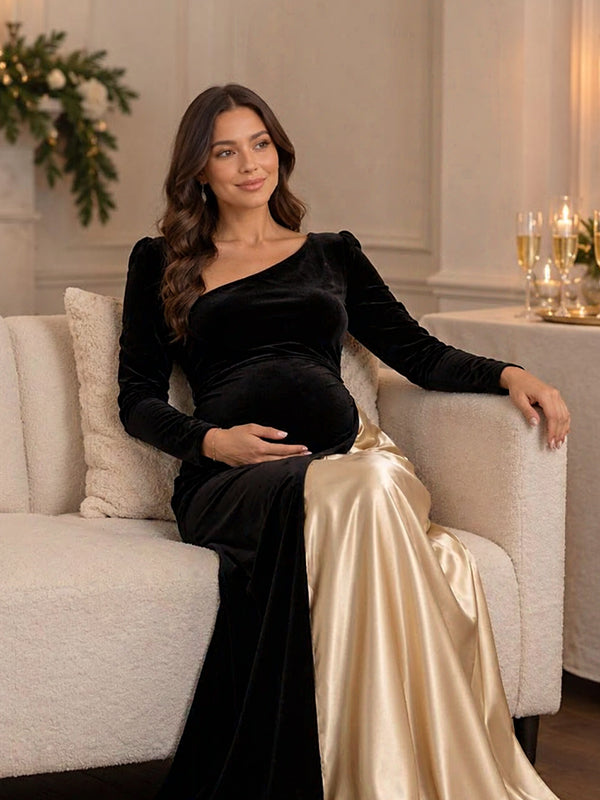 Velvet Patchwork Satin Maternity Maxi Dress with Color Blocking