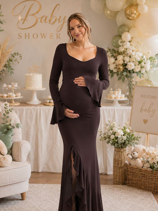 Momyknows Elegant Brown Falbala Bodycon Side Slit Baby Shower Maternity Maxi Dress - Brown - 2