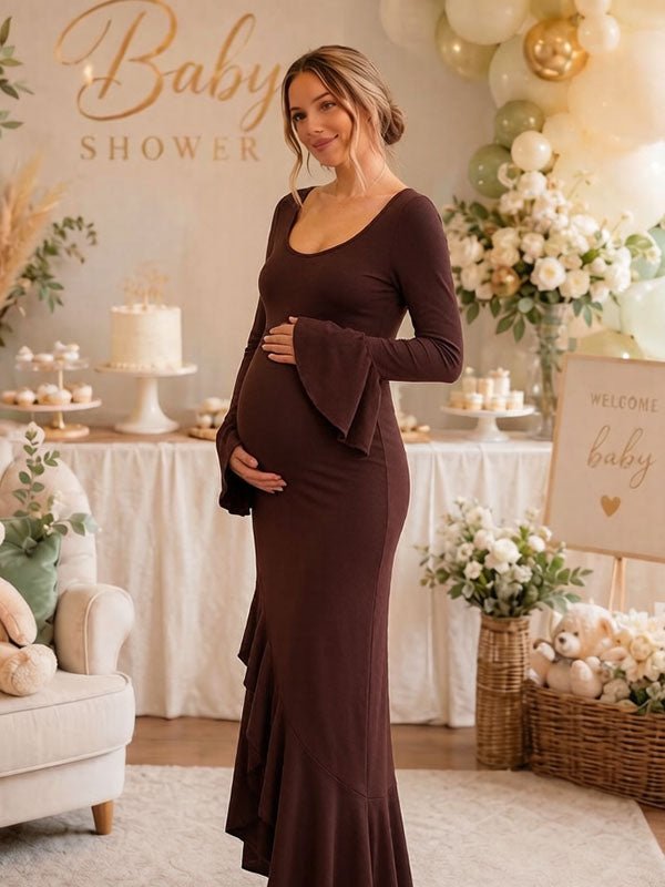 Momyknows Elegant Brown Falbala Bodycon Side Slit Baby Shower Maternity Maxi Dress - Brown - 3