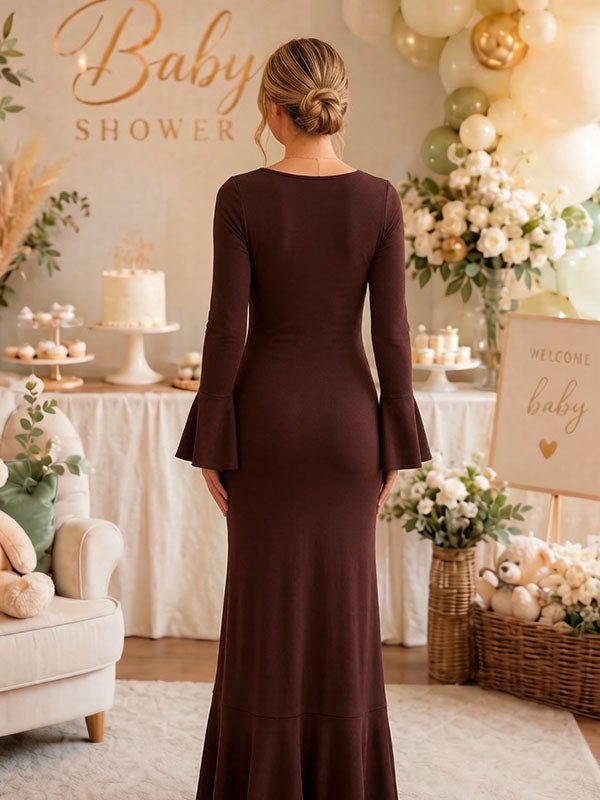 Momyknows Elegant Brown Falbala Bodycon Side Slit Baby Shower Maternity Maxi Dress - Brown - 4