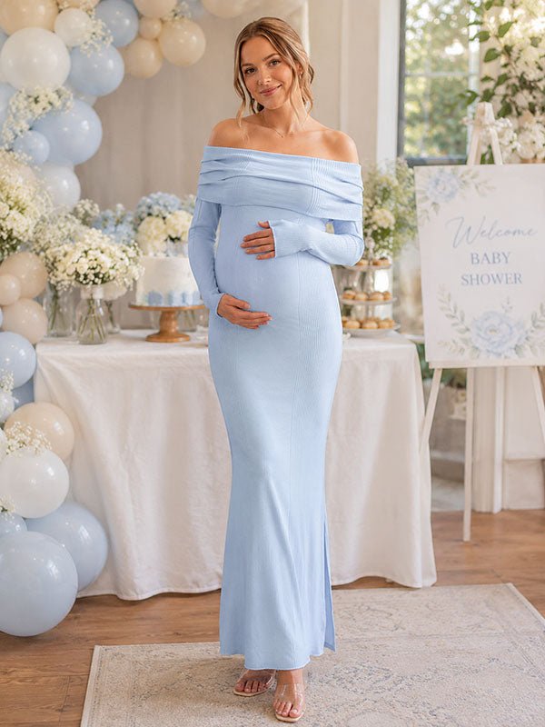 Momyknows Elegant Blue Bodycon Off Shoulder Ruched Baby Shower Maternity Maxi Dress - Blue - 1