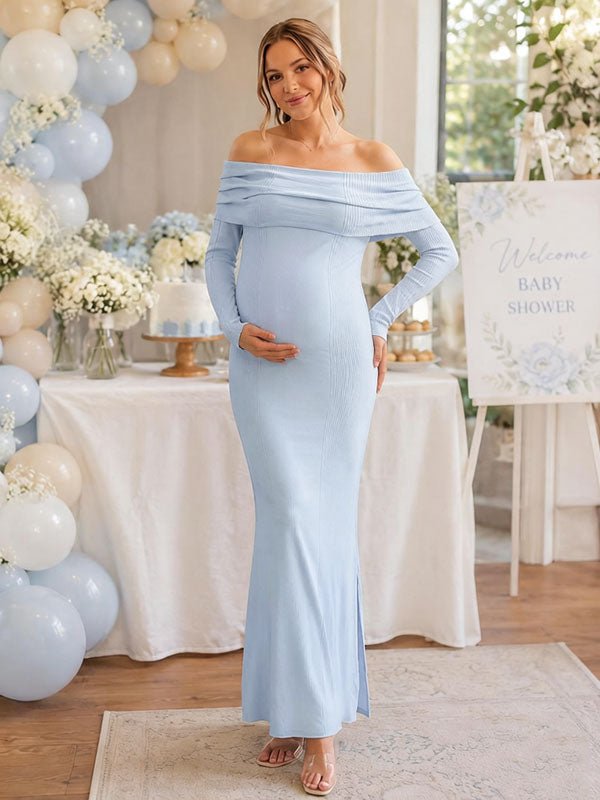 Momyknows Elegant Blue Bodycon Off Shoulder Ruched Baby Shower Maternity Maxi Dress - Blue - 2