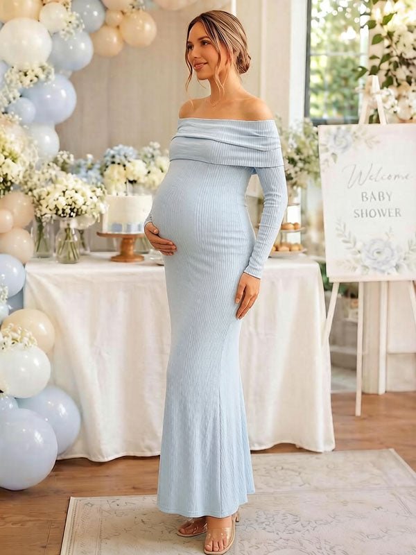 Momyknows Elegant Blue Bodycon Off Shoulder Ruched Baby Shower Maternity Maxi Dress - Blue - 3