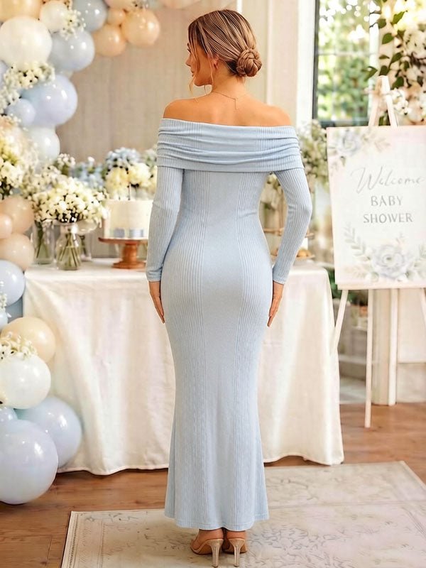 Momyknows Elegant Blue Bodycon Off Shoulder Ruched Baby Shower Maternity Maxi Dress - Blue - 4