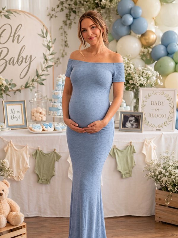 Momyknows Elegant Blue Bodycon Off Shoulder Baby Shower Maternity Maxi Dress - Blue - 1