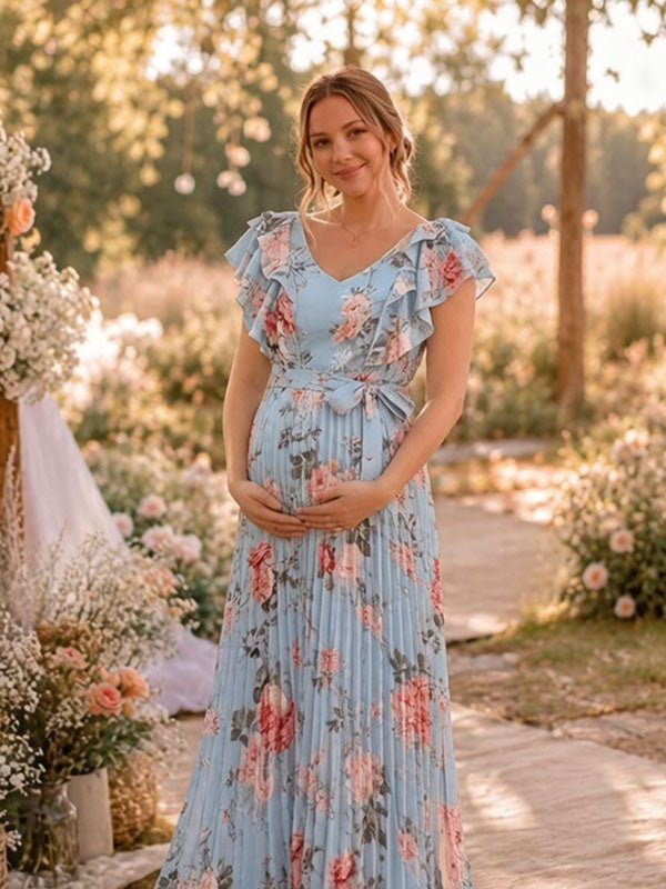 Momyknows Fashion Floral Falbala Pleated Lace-Up Photoshoot Maternity Maxi Dress - Blue - 1