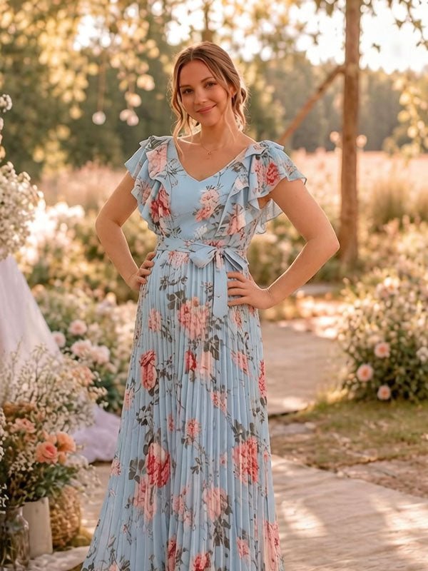 Momyknows Fashion Floral Falbala Pleated Lace-Up Photoshoot Maternity Maxi Dress - Blue - 2