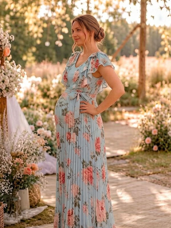 Momyknows Fashion Floral Falbala Pleated Lace-Up Photoshoot Maternity Maxi Dress - Blue - 3