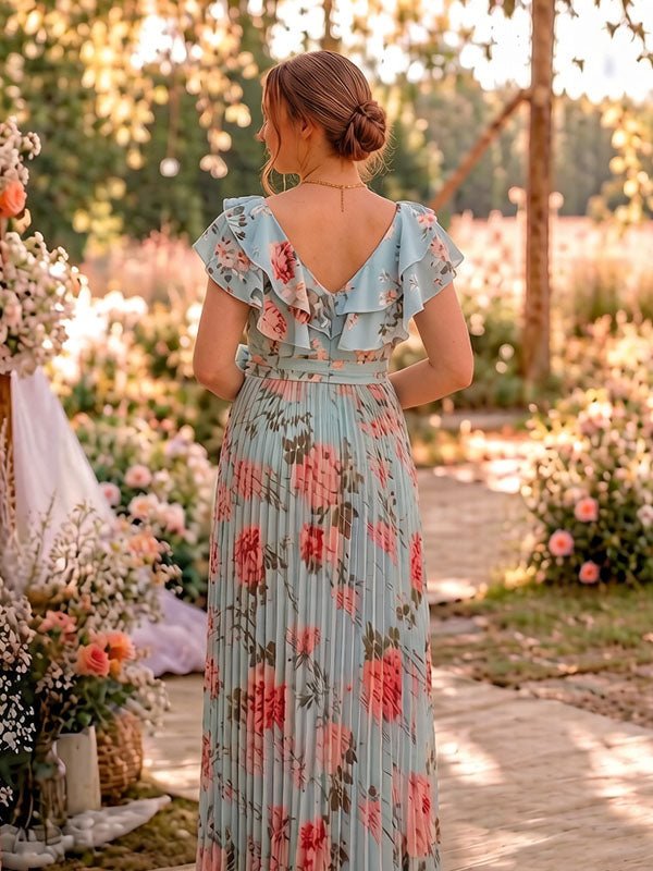 Momyknows Fashion Floral Falbala Pleated Lace-Up Photoshoot Maternity Maxi Dress - Blue - 4