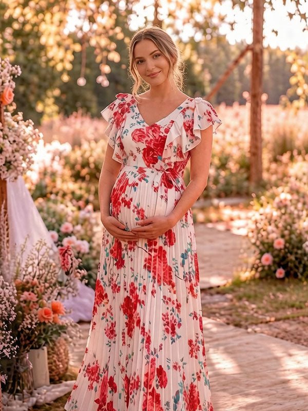 Momyknows Fashion Floral Falbala Pleated Lace-Up Photoshoot Maternity Maxi Dress - White - 5