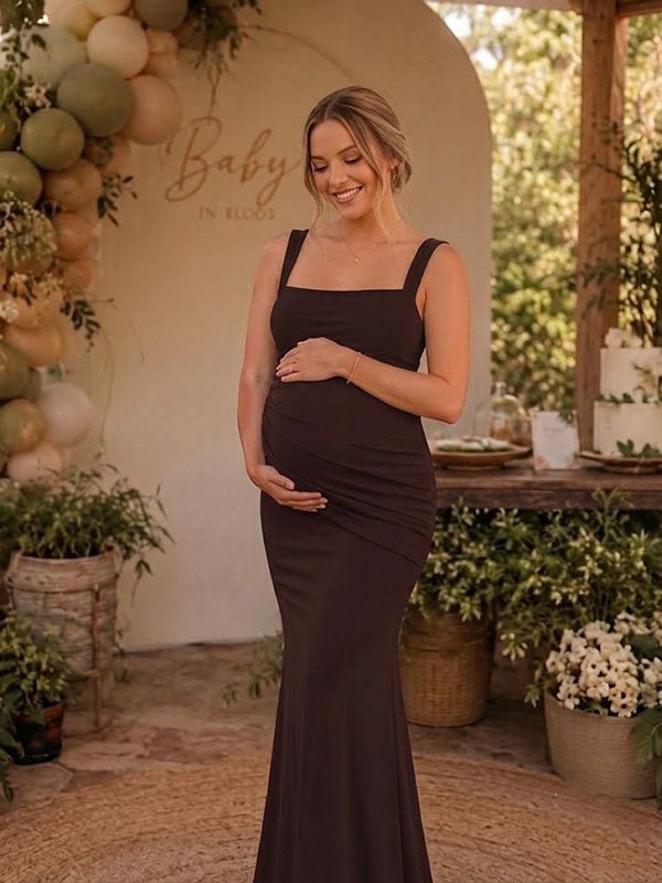 Momyknows Elegant Bodycon Ruched Lace-Up Spaghetti Straps Baby Shower Maternity Maxi Dress - Brown - 4