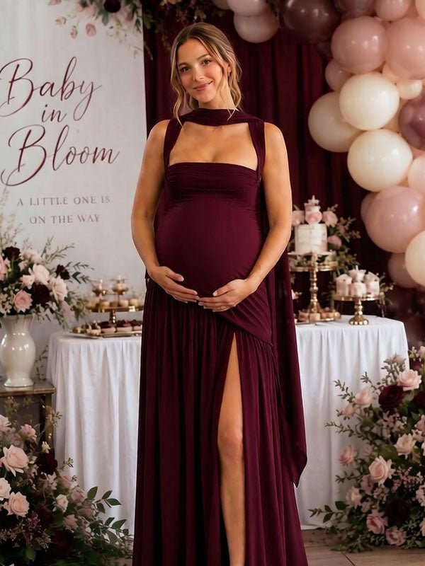 Momyknows Elegant Side Slit Ruched Spaghetti Straps Baby Shower Maternity Maxi Dress - Wine Red - 1