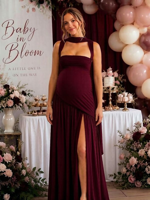 Momyknows Elegant Side Slit Ruched Spaghetti Straps Baby Shower Maternity Maxi Dress - Wine Red - 2