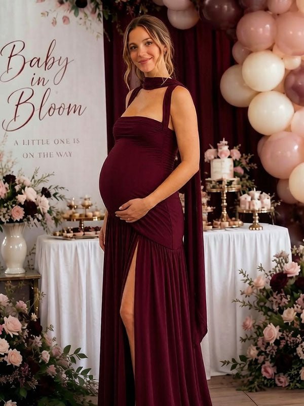 Momyknows Elegant Side Slit Ruched Spaghetti Straps Baby Shower Maternity Maxi Dress - Wine Red - 3