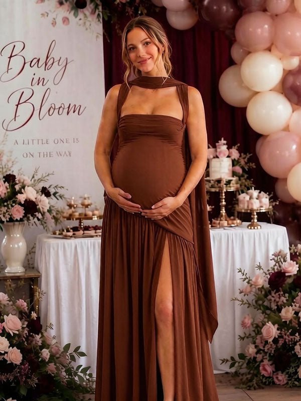 Momyknows Elegant Side Slit Ruched Spaghetti Straps Baby Shower Maternity Maxi Dress - Coffee - 4