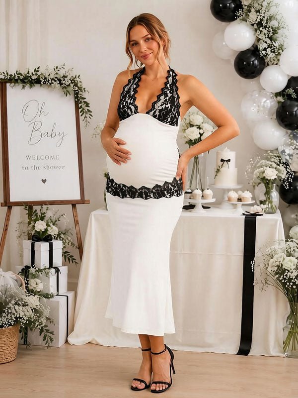 Momyknows Elegant White Bodycon Lace Backless Halter Neck Baby Shower Maternity Maxi Dress - White - 2