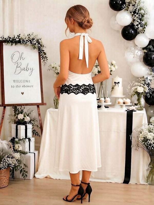 Momyknows Elegant White Bodycon Lace Backless Halter Neck Baby Shower Maternity Maxi Dress - White - 3