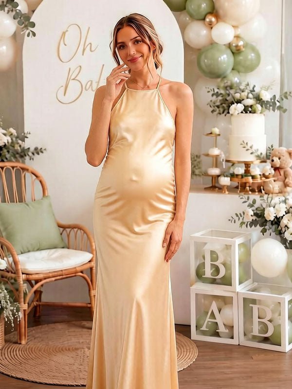 Momyknows Elegant Khaki Backless Halter Neck Bodycon Baby Shower Maternity Maxi Dress, Khaki / L