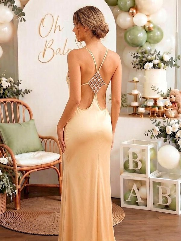 Momyknows Elegant Khaki Backless Halter Neck Bodycon Baby Shower Maternity Maxi Dress - Khaki - 4