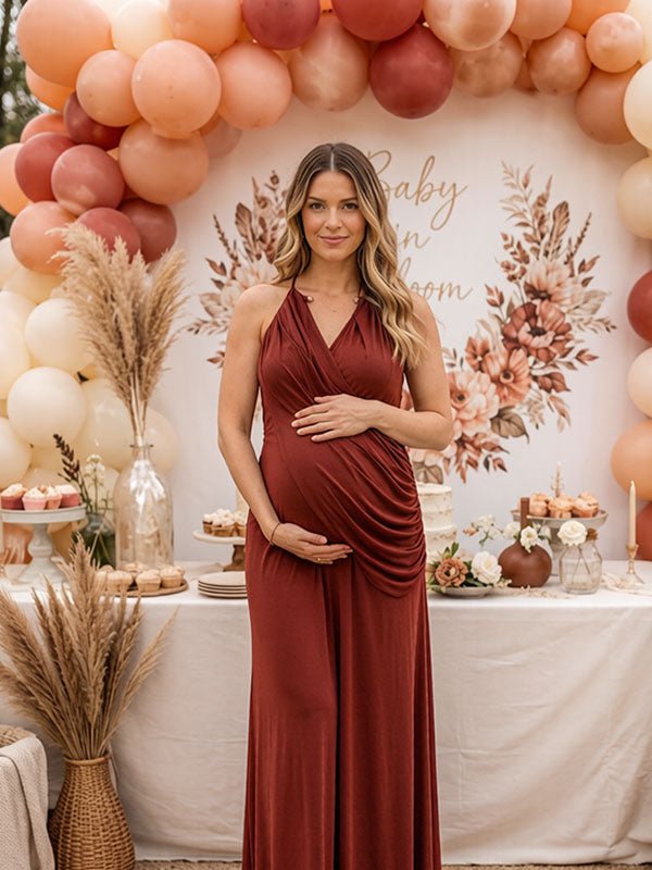 Momyknows Elegant Brown Backless Halter Neck Bodycon Ruched Baby Shower Maternity Maxi Dress - Brown - 2