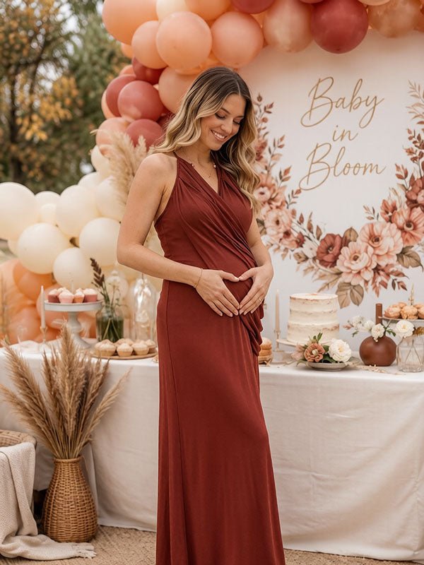 Momyknows Elegant Brown Backless Halter Neck Bodycon Ruched Baby Shower Maternity Maxi Dress